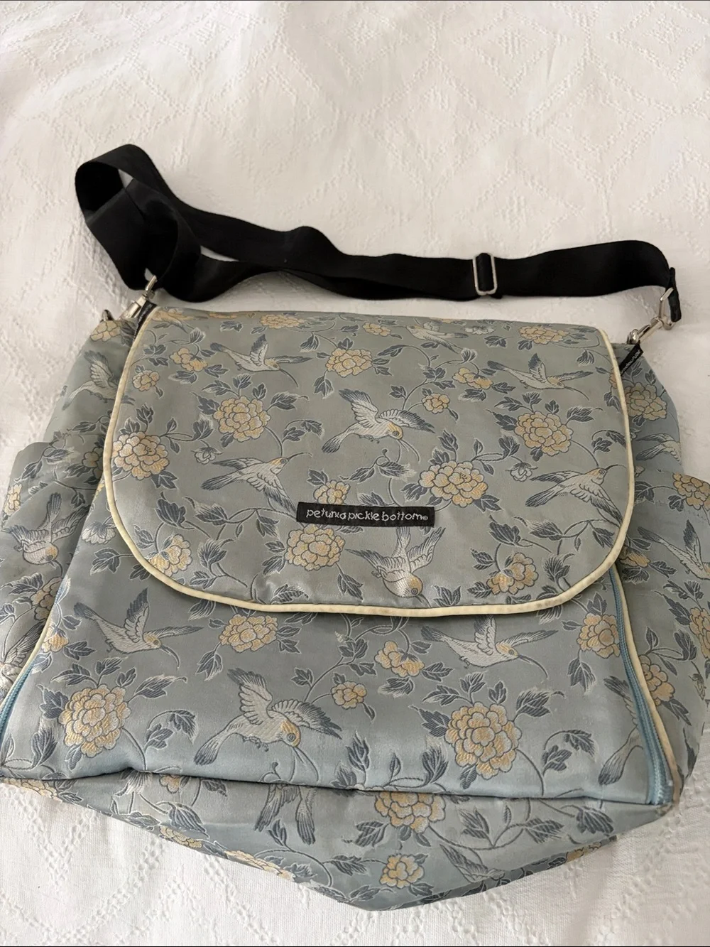 Petunia Pickle Bottom Blue Floral Crossbody Baby Bag with Black Strap